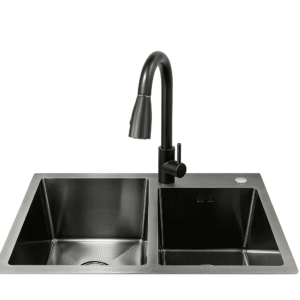 Lavaplatos Doble Cuba 68×38 cm de Acero Inoxidable + Llave Monomando Negra Extraíble – Trade
