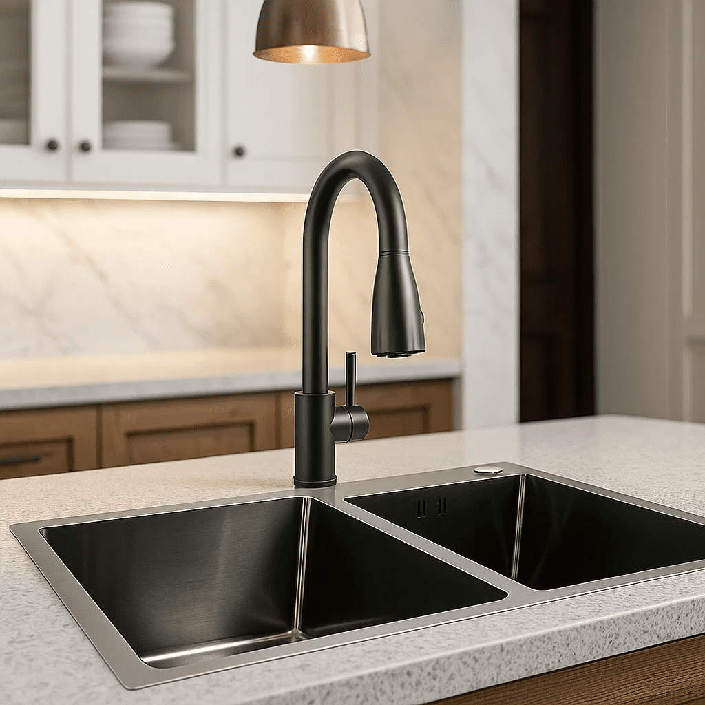 Lavaplatos Doble Cuba 68×38 cm de Acero Inoxidable + Llave Monomando Negra Extraíble – Trade - Image 6